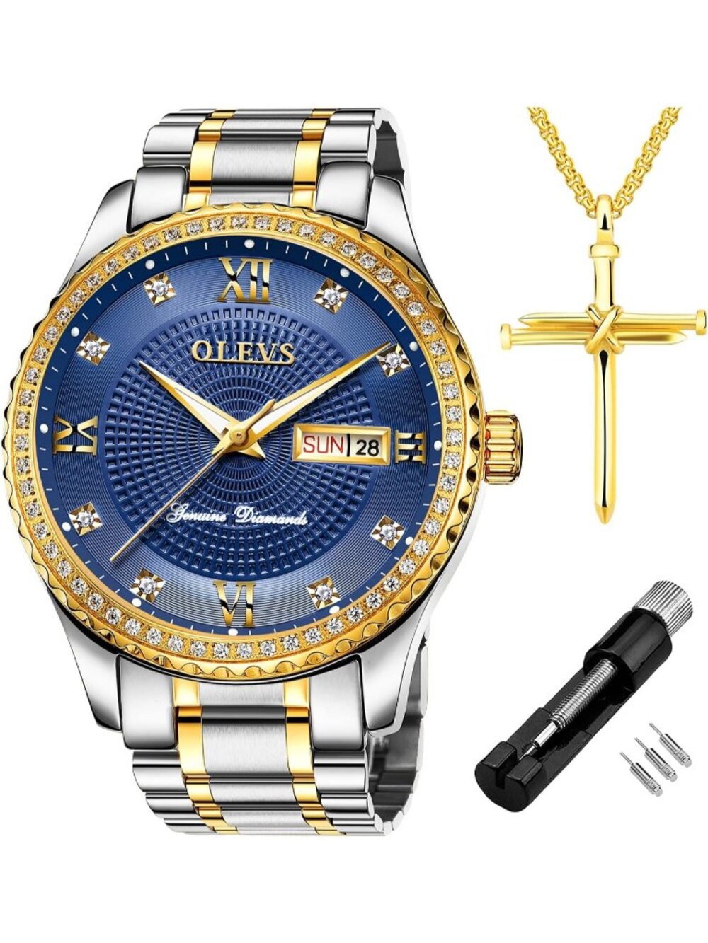 Mens Silver Blue Diamond Stainless Steel Waterproof Luminous Analog Luxury Watch
